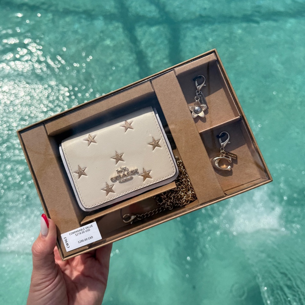 Boxed Mini White Wallet On A Chain With Gold Star Print - Picture 3 of 4